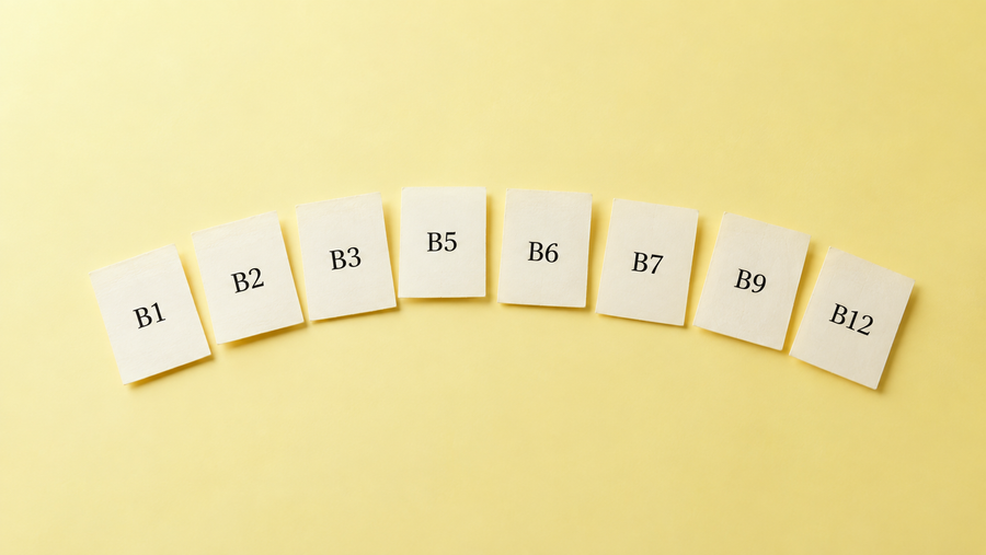 Eight cards identifying the eight B vitamins