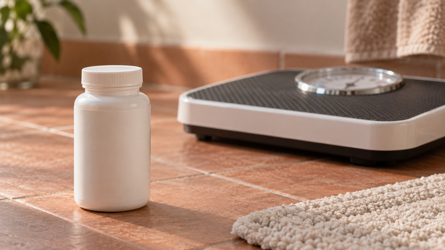 Supplement bottle beside a bathroom scale