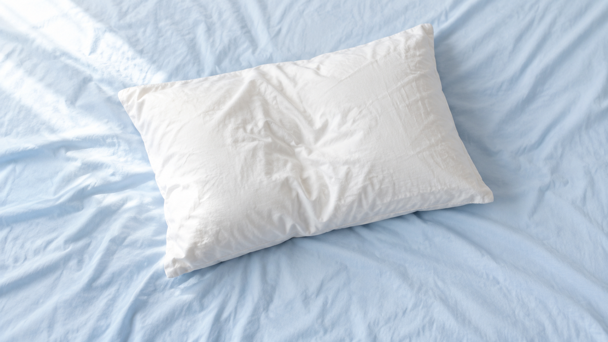 A rumpled pillow on a light blue bedsheet in morning light