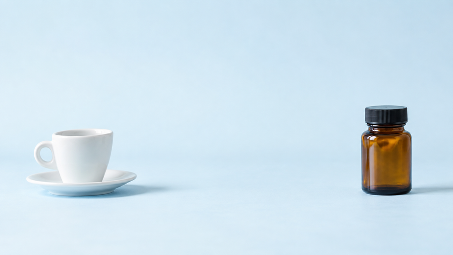 An empty espresso cup and a plain supplement bottle on a light blue surface