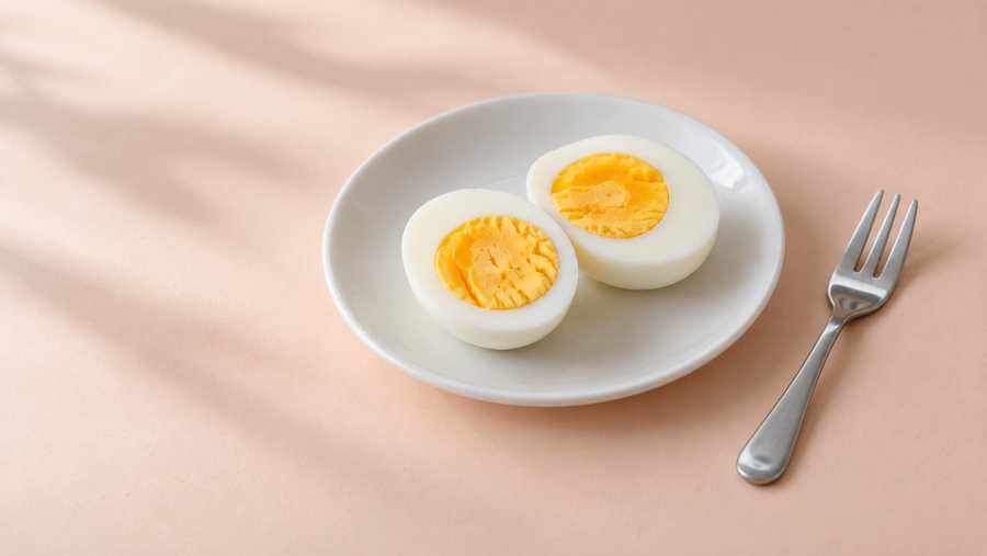 A cooked egg on a small plate beside a child's fork