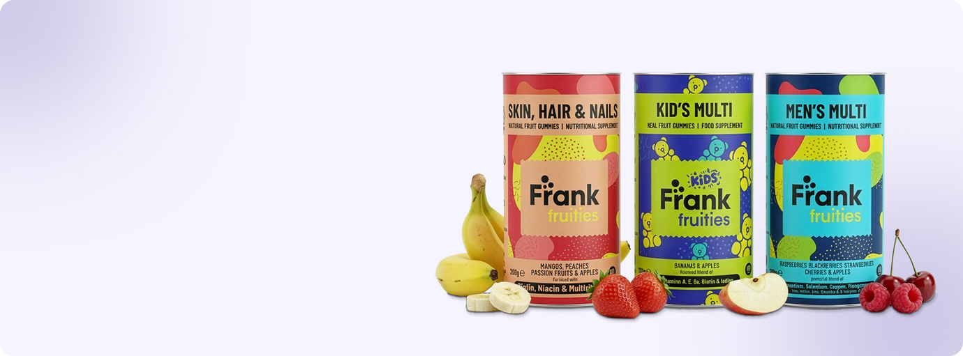 Frank Fruities vitamin gummies with bananas, berries and apples